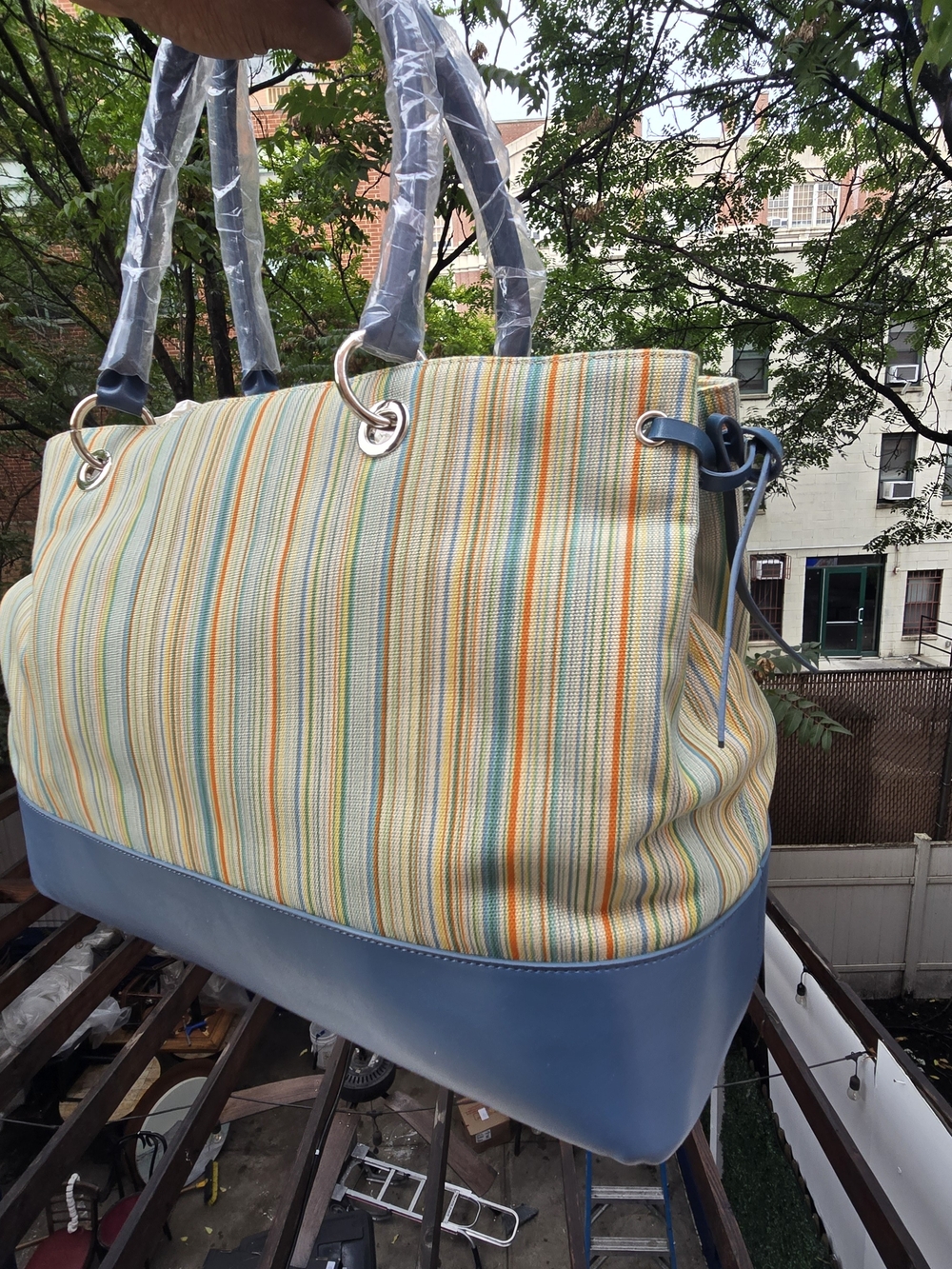 Currency By Helen Welsh Striped Multicolor Canvas Tote with Blue Trim